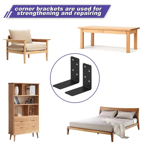 20 Pack Heavy Duty Steel L Brackets 3x3x1.5 Inch Black Powder Coated for furniture and timber reinforcement with examples of uses.