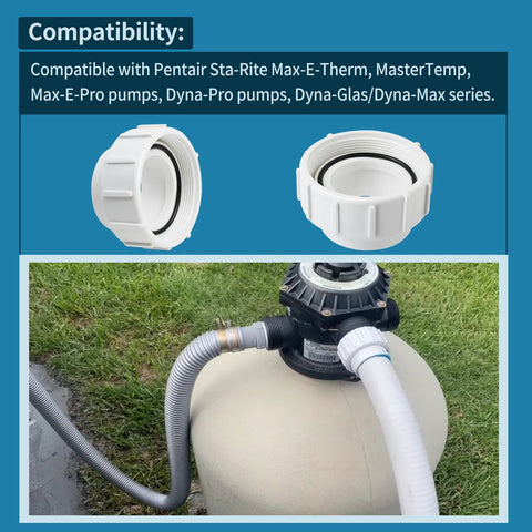 Amazon PKG188 pair of white PVC half-union adapters, 2-inch nominal, 2.38-inch ID, pool pump heater connectors.