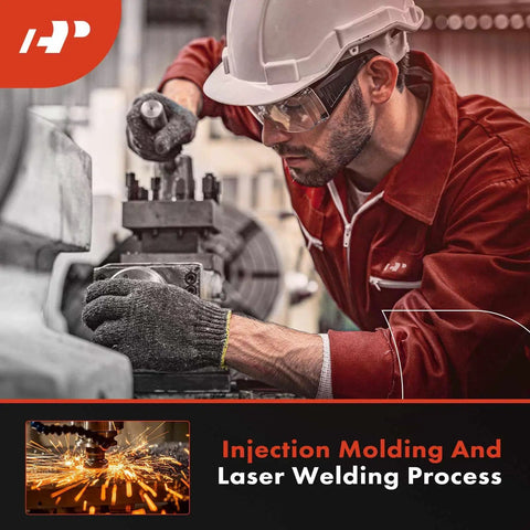 Worker operating machinery in injection molding and laser welding process, wearing safety gear in an industrial setting.