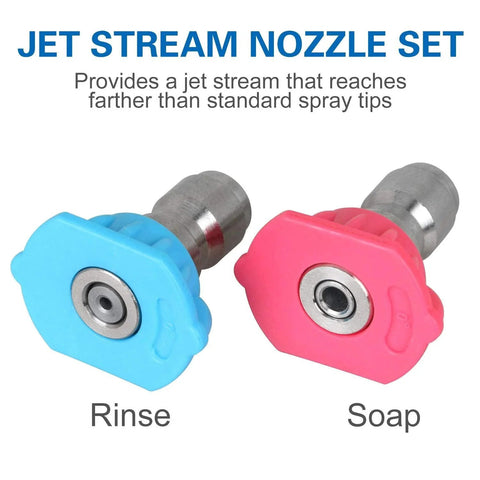 Jet stream nozzle set in blue and red with rinse and soap tips for Must Have Pressure Washer Quick-Connect Pivoting Coupler Kit With 7 Nozzle Tips And 5 Angles, 1/4 Inch, 4500 PSI, 2.5 GPM Universal Pivot Connector For Gas And Electric Washers.
