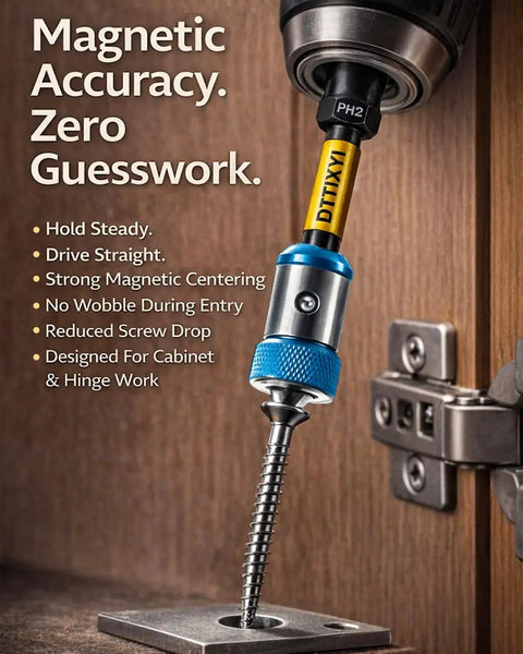 6 Piece Magnetic Screwdriver Head Ring Set For Drill And Impact Driver, S2 Steel Double Ended PH1 PH2 PH3 Bits in use on cabinet hinge