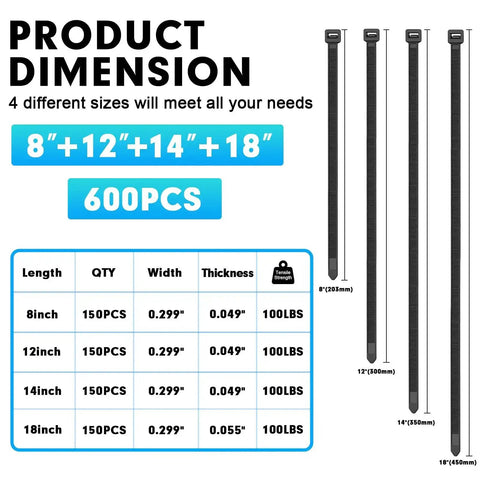 Heavy Duty Nylon Zip Ties 600 Pack Assorted Sizes 8 Inch 12 Inch 14 Inch 18 Inch With 100Lb Tensile Strength UV Resistant Weatherproof