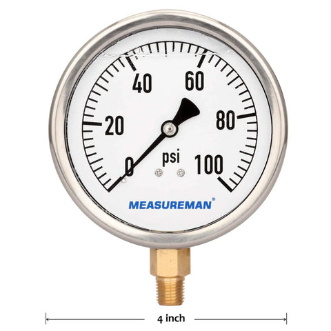MEASUREMAN 4-inch dial pressure gauge, 0-100 psi, stainless steel case with brass 1/4 in NPT lower mount