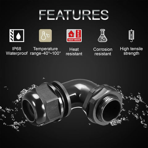 90 Degree M20 Cable Gland Adjustable 9 to 14mm Strain Relief Cord Connector With Nylon Joints And Gaskets IP68 Features
