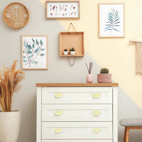 Half Moon Cabinet Pulls Set Of 2 In Black Zinc Alloy Semicircle Drawer Handles on white dresser with decorative wall art