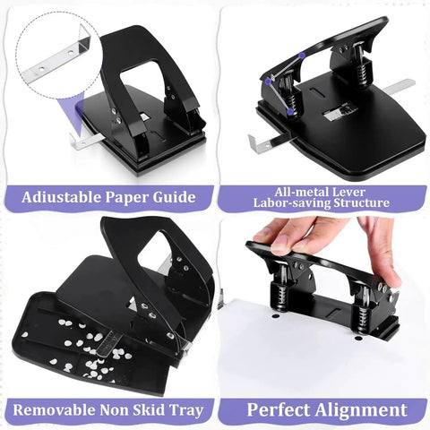 Heavy Duty Two Hole Punch With 150 Paper Fasteners For Office Files And Folders, Punches Up To 30 Sheets Per Use, Black Finish