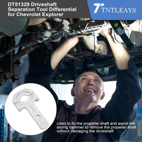 Mechanic using DT51329A Driveshaft Removal Adapter Tool for GM Vehicles with Chevrolet Explorer, assisting in propeller shaft removal.
