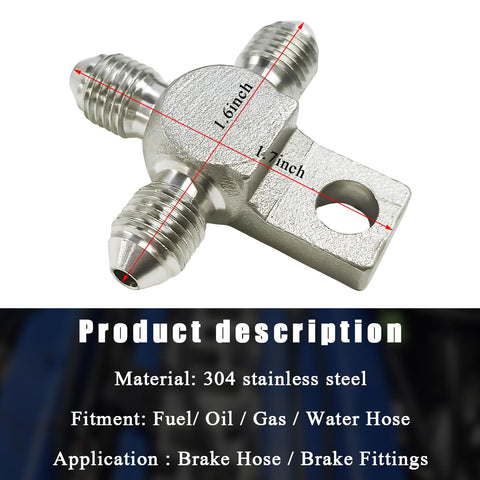KVAEY 3AN stainless steel tee adapter with mounting tab and three male flare fittings, angled top view