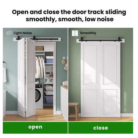 40 Inch Bifold Sliding Barn Door Hardware Kit For Double 18 Inch Doors, Top Mount Bi Folding Track Set, installed view open close