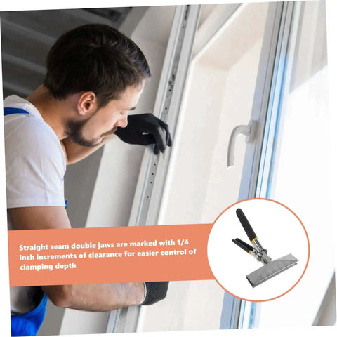Man using Duckbill Pliers Manual Metal Bender For Sheet Metal Roofing with marked quarter inch guides for precise clamping