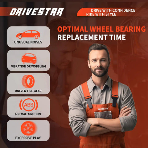 Mechanic illustrating wheel bearing issues with text on unusual noises, vibration, tire wear, and ABS malfunction.