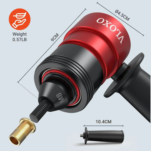Close-up of Rivet Nut Drill Adapter Kit For Electric Drills with M8 Iron Head, 0.57lb weight, and dimensions shown.