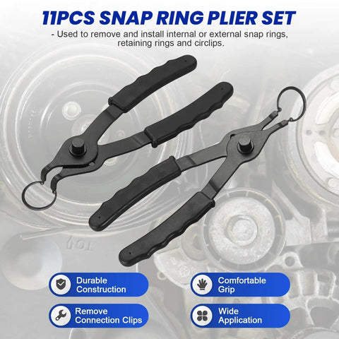 11 Piece Snap Ring Pliers Set with straight and bent retaining ring pliers, shown against automotive backdrop, durable construction.