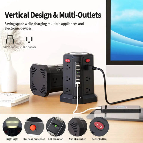 Heavy Duty Surge Protector Power Tower With 5 USB Ports And Night Light, 10 ft extension cord and 12 AC outlets on a desk