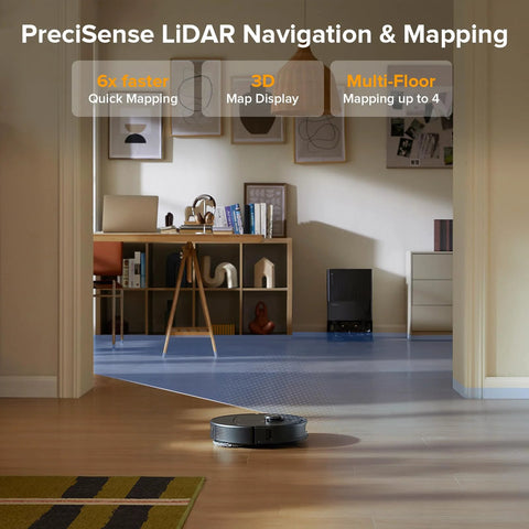Roborock Qrevo Series robot vacuum on wooden floor in a living room; black body