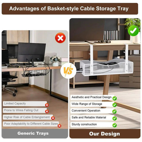 Comparison of generic under desk trays and the Extra Wide Under Desk Cable Management Tray With No Drill Install For Office And Home Desks White XL