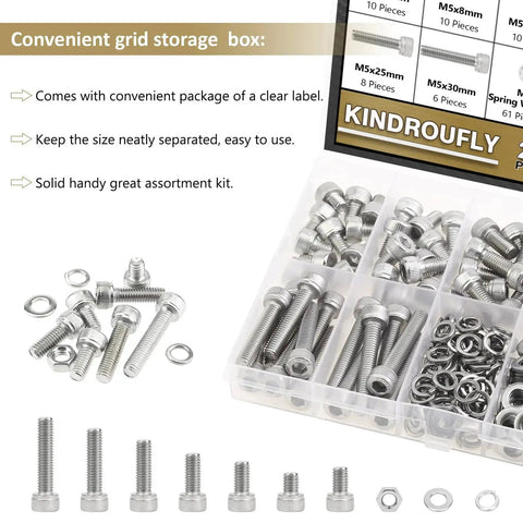 Image of 304 Stainless Steel Hex Socket Head Cap Screw Set 212 Pieces M5 Lengths 6 8 12 16 20 25 30mm Includes Nuts Lock Washers Flat Washers