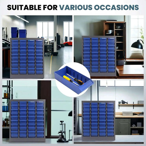 Collage of 40 Drawer Parts Storage Cabinet For Garage And Workshop, Beefy Alloy Steel Frame With ABS Drawers in various settings.