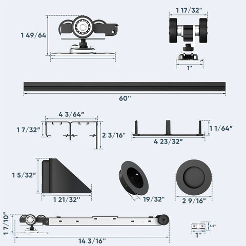 Diagram of Built To Last Bypass Closet Door Hardware with Soft Close Mechanism for Double Doors 5ft Track System, black finish.