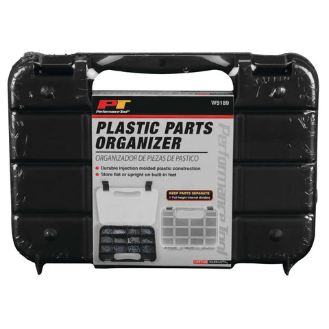 Front view of Durable Plastic Storage Organizer With Full Height Dividers For Small Parts And Tools Flat Or Upright Storage And Built In Feet Ideal For Garage Workshop Use And Grab And Go Home Projects in packaging.