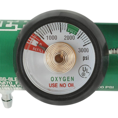 Oxygen regulator gauge on a green cylinder with CGA-870, 0–3000 psi dial and wrench key.