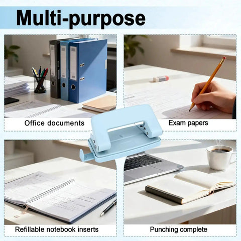 Collage of office use showing adjustable 2 hole paper punch for A4 A5 B5 paper sizes, blue metal hole puncher on desk