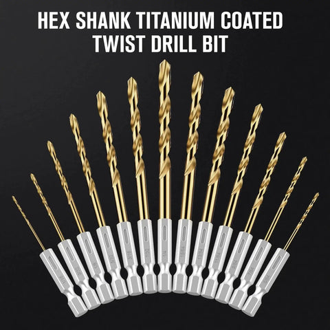 Front view of Titanium Coated Hex Shank Drill Bit Set, 19 Pieces, HSS 4241 Twist Bits For Sheet Metal Wood And Plastic With Quick Change Design
