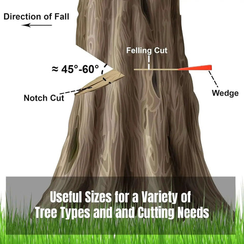 Diagram of tree felling with wedge showing direction of fall for Tree Felling Wedges With Spikes 6 Pack 8 Inch And Five And A Half Inch Wedges With Storage Bag And Six Felling Dogs For Safe Directing And Stabilizing Logs Heavy Duty Pro Grade For Loggers And Fallers