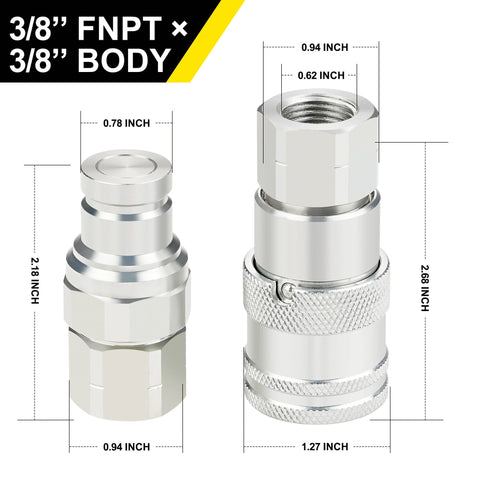 ANCIMOON 3/8'' NPT flat-face hydraulic quick-connect coupler with dust cap, silver metal, front view, pair