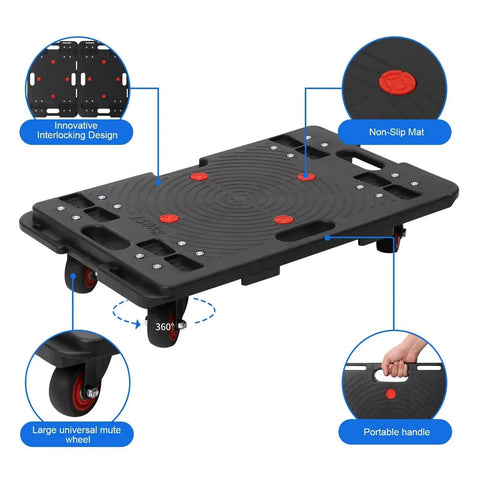 Interlocking Flat Dolly Set With 360 Degree Wheels For Heavy Furniture, Portable Moving Rollers, Black, 1200 Lbs Capacity