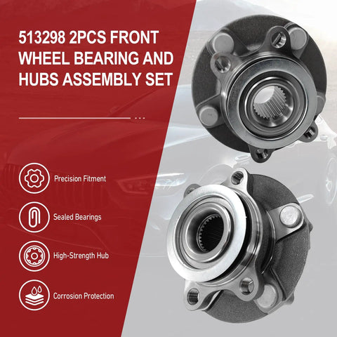 Beefy Front Wheel Bearing And Hub Assembly Set 2 Piece Direct Fit For Nissan Rogue 2008 To 2015 And Sentra 2007 To 2012 OE Replacement 513298 WE60491 BR930772 Heavy Duty Front Wheel Hubs displayed.