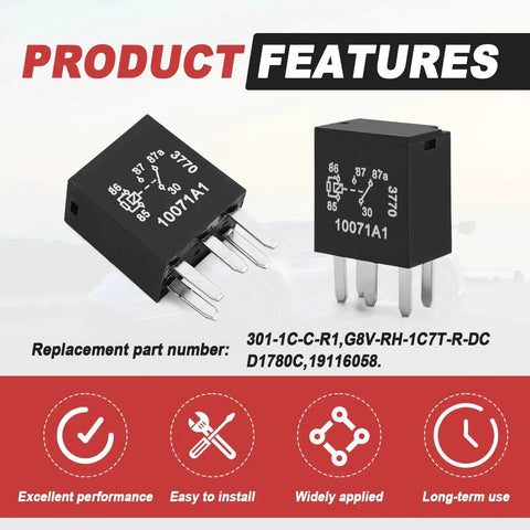 Product features of Beefy 12V Five Pin Car Fuel Pump Relay Kit Universal Auto Relay Replacement For Most Cars, showing two relays.