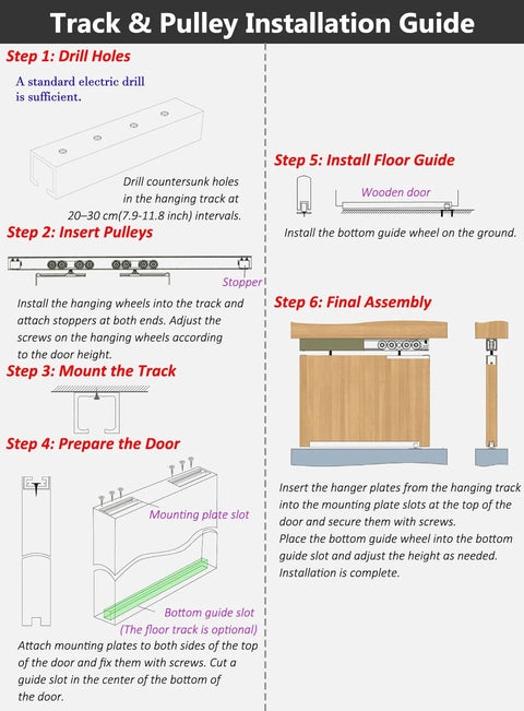 Installation guide for Beefy Heavy Duty Aluminum Sliding Door Track Kit For Two Door Systems With Dual Wheel Barn Door Hardware Bypass Pocket Frame Set For Interior Wooden Doors Silver Finish 9.5 Ft Length Easy Glide Rust Resistant showing step-by-step process.