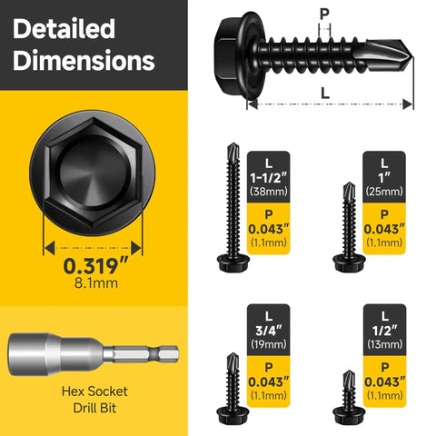 410 Stainless Steel Self Drilling Screws Kit For Metal With Hex Head And Black Oxide Finish Pro Grade dimensions details