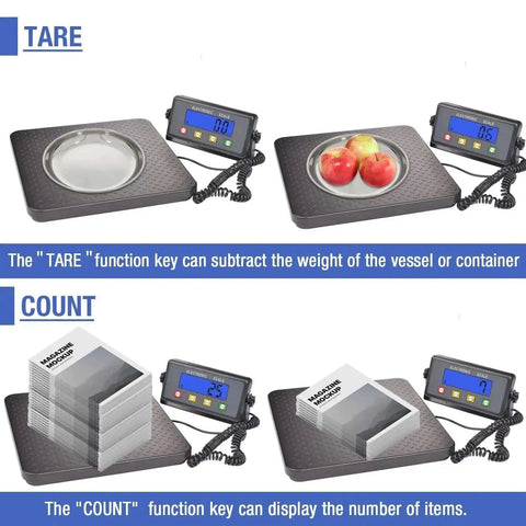 Heavy Duty Digital Postal Scale With 11.8 By 11.8 Inch Aluminum Anti Slip Platform, 440 Lb Capacity, showing tare and count functions