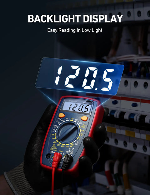 Digital Multimeter 2000 With Backlit LCD Display showing 120.5 reading, user testing voltage in low light conditions.