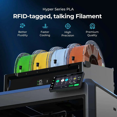 RFID Smart Hyper PLA Filament 1.75mm 1Kg Spool For 3D Printing With Auto Recognize showing various colors on printer