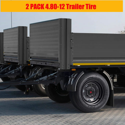 Side view of trailers with a pair of 4.80-12 trailer tires on 12x4 rims, 5 lug on 4.5 inch bolt pattern, load range C 6PR tires installed.
