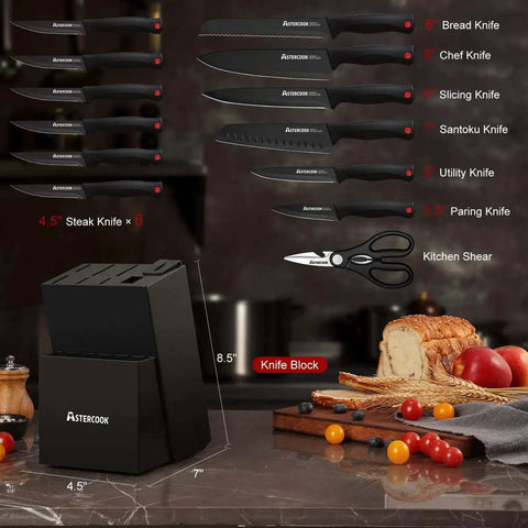 15 Piece Kitchen Knife Set With Built In Sharpener Block German Stainless Steel Blades In Black Wood Block Dishwasher Safe