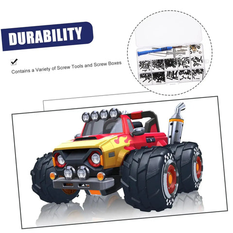 Rc Car Screw Tool Kit With Compact Storage Box, Gasket And Replacement Fasteners shown with a toy car for durability illustration