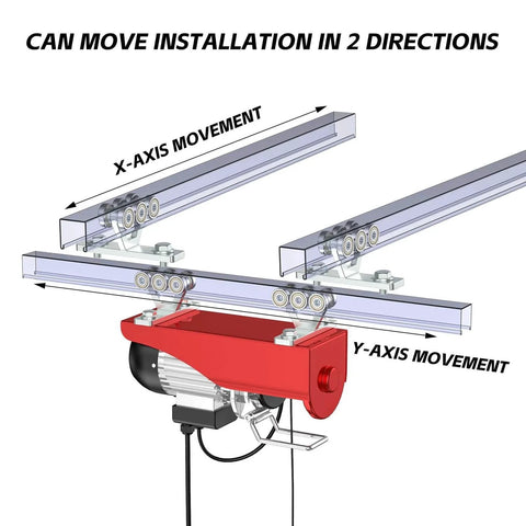 Six Wheel Hoist Trolley With Rollers For Electric Hoist showing two-axis movement on strut channel system.