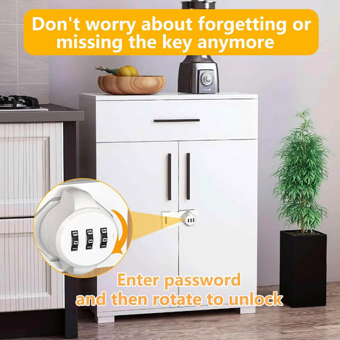 Keyless Cabinet Lock With 3-Digit Password, No Keys Needed, Bifold Door Lock For Cabinets And Drawers, installed on white cabinet