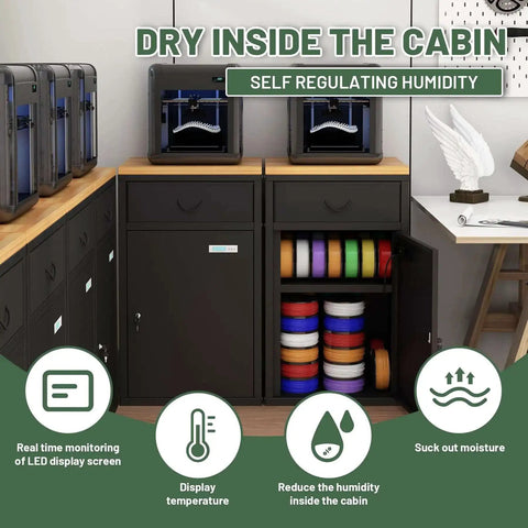 180L 3D Printer Filament Storage Cabinet with dehumidifier storing 40 rolls, LED display monitoring, black cabinet in workshop.