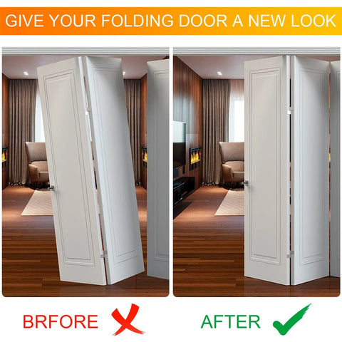 Two Pack Bifold Door Hardware Repair Kit with top and bottom brackets, pivots showing before and after installation in a living room