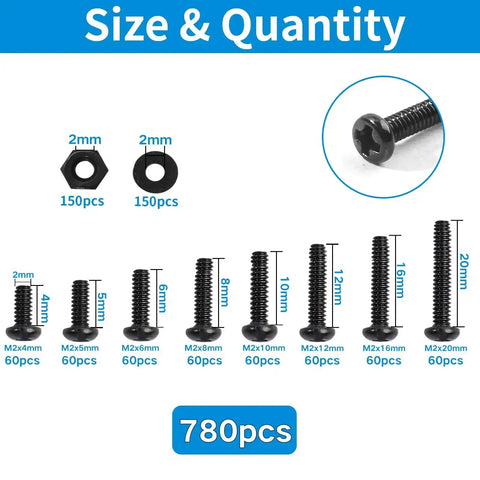 Eight Sizes M2 Pan Head Phillips Machine Screws Set 4mm To 20mm Black Carbon Steel Fasteners Kit With 150 M2 Nuts And 150 Washers