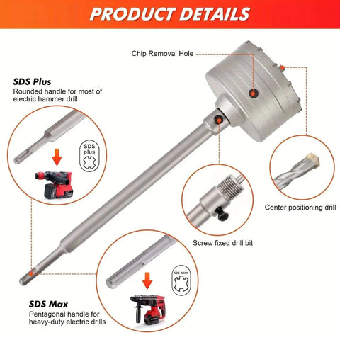 Heavy Duty Tungsten Carbide Core Drill Bit Set With SDS Adapter And Concrete Hole Saw Kit showing drill and adapter details