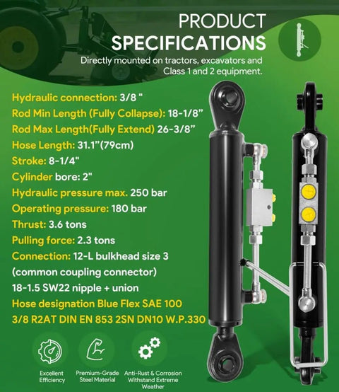 Image showing product specifications of Heavy Duty Hydraulic Top Link Cat 1-1 with Locking Block and Two Hoses, extendable cylinder.