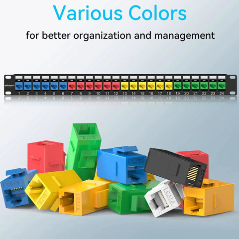 Multi-colored RJ45 Cat6 Keystone Coupler 24 Pack with patch panel for Ethernet cable management and organization.