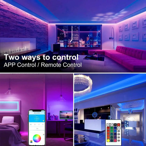 130Ft RGB LED Strip Lights with App and IR Remote Music Sync 24V Power Supply installed in modern living room and bedroom
