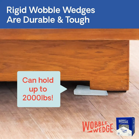 Heavy Duty Leveling Shims for Furniture and Appliances, Transparent Rigid Plastic Wedges under table, supports 2000 lbs, box shown